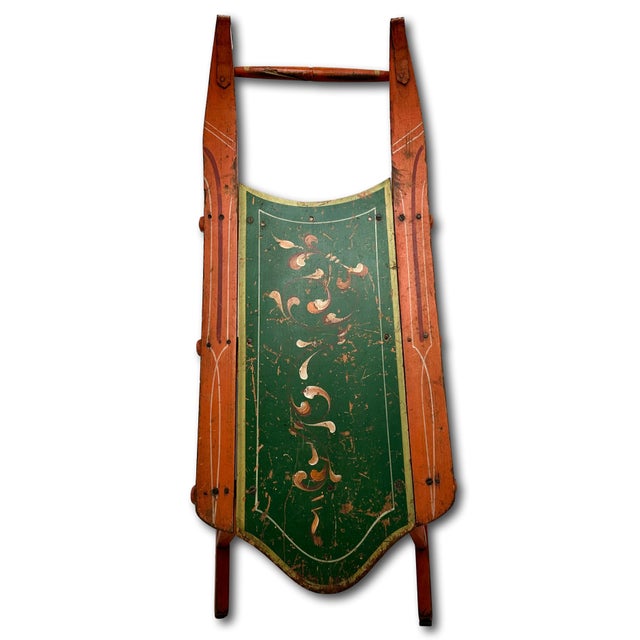 Salmon Outstanding Antique American Victorian Childs Snow Sled With Beautiful Original Hand Painted Features - Circa 1870s For Sale - Image 8 of 18