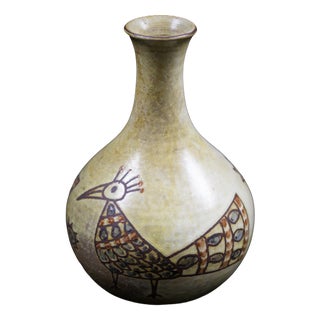 Mid-Century French Soliflore Vase in Glazed Ceramic with Incised Decoration of Stylized Birds by Olivier Pettit, France, 1950-1960 For Sale