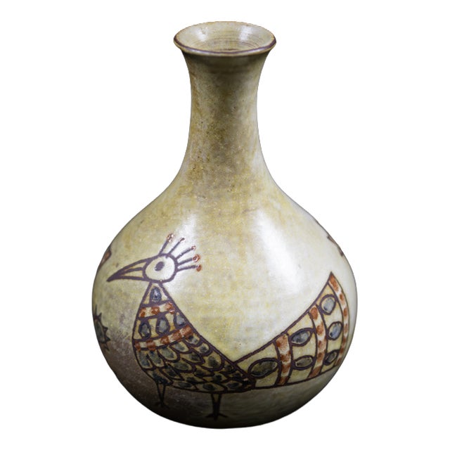 Mid-Century French Soliflore Vase in Glazed Ceramic with Incised Decoration of Stylized Birds by Olivier Pettit, France, 1950-1960 For Sale