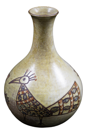 Mid-Century French Soliflore Vase in Glazed Ceramic with Incised Decoration of Stylized Birds by Olivier Pettit, France, 1950-1960
