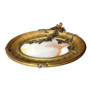 19th Century French Bronze Tray With Inset Alabaster Stone Center For Sale