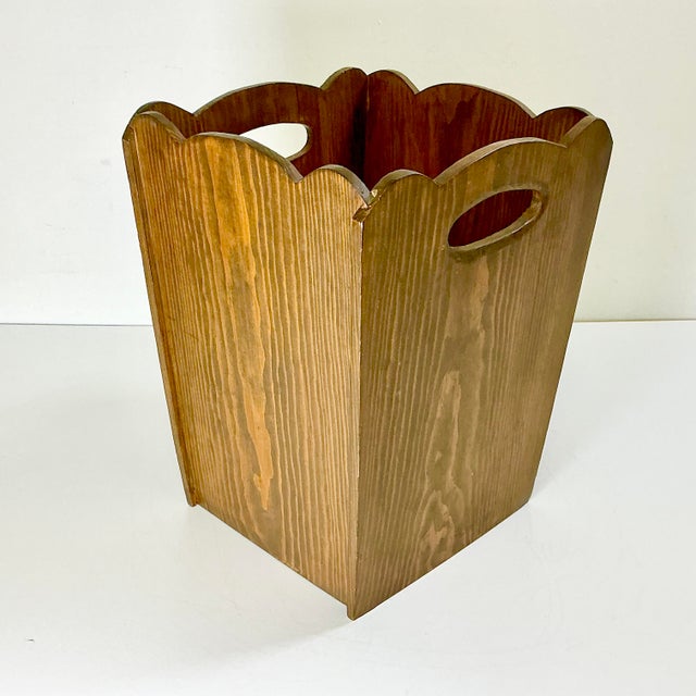 1970s Vintage Folk Art Boho Chic Walnut Wood Wastebasket For Sale - Image 4 of 10