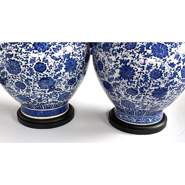 Blue Massive Pair of Chinese Blue & White Urn-Form Lamps For Sale - Image 8 of 8