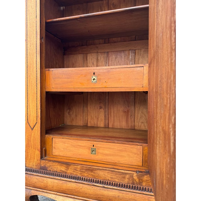Wood Antique Tramp Art Style Solid Wood Armoire With Mirror | Hand-Carved Wardrobe Cabinet For Sale - Image 7 of 11