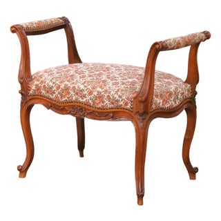 Mid-Century French Louis XV Style Carved Walnut and Upholstered Piano Bench For Sale