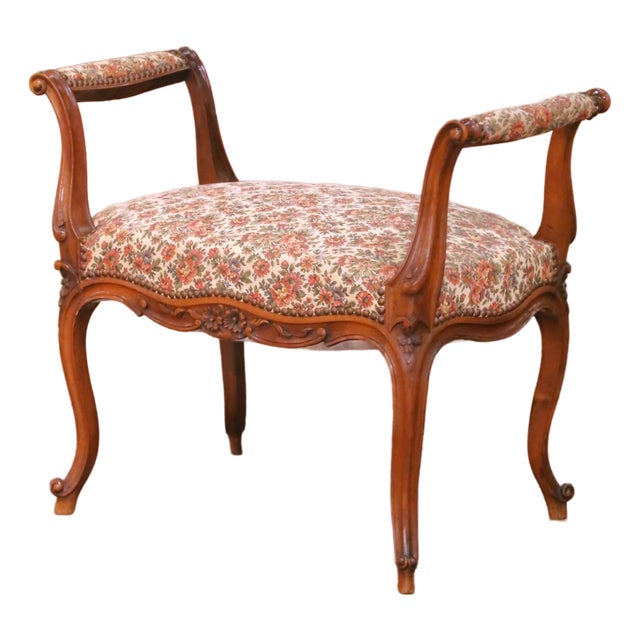 Mid-Century French Louis XV Style Carved Walnut and Upholstered Piano Bench For Sale