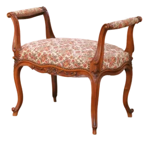 Mid-Century French Louis XV Style Carved Walnut and Upholstered Piano Bench