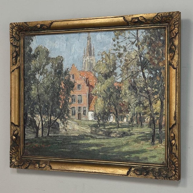Early 20th Century Antique Framed Oil Painting on Canvas Signed DeMeer ~ 'View of Bruges' For Sale - Image 5 of 15