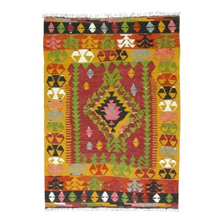 Mid 20th Century Bohemian Colorful Turkish Kilim Flat-Weave - 3'4" x 4'3" For Sale