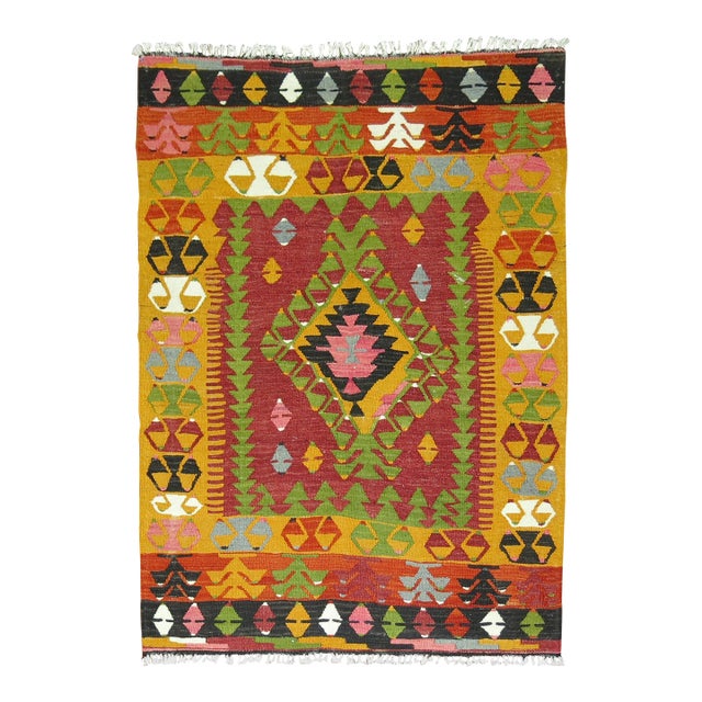 Mid 20th Century Bohemian Colorful Turkish Kilim Flat-Weave - 3'4" x 4'3" For Sale