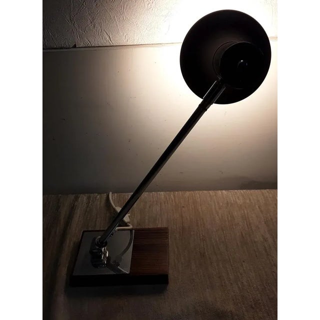 Vintage German Multi-Adjustable Chromed Metal Frame Desk Lamp on a Teak Plate with Black Lacquered Reflector Screen of Tree Lights, 1970s For Sale - Image 3 of 7