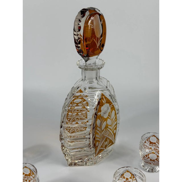 Art Deco Amber Overlay Cut Crystal Decanter & Cordial Glasses, 1930s, Set of 5 For Sale - Image 3 of 17
