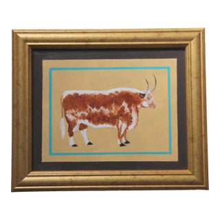 Cow Bull Western Steer Minimalism Folk Art Americana Burnt Orange Yellow Original Oil Painting by Cleo Plowden For Sale