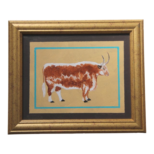 Cow Bull Western Steer Minimalism Folk Art Americana Burnt Orange Yellow Original Oil Painting by Cleo Plowden For Sale