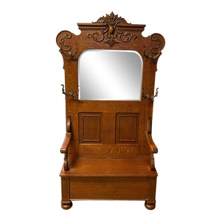 Early 20th Century Rift Cut Oak Hall Tree + Stand For Sale