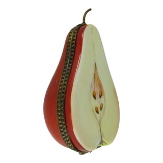Late 20th Century French Limoges Porcelain Half Pear Figural Trinket Box by Parry & Vieille (p.V.) For Sale