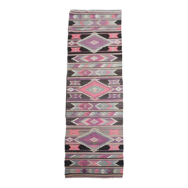 1970s Vintage Handmade Wool Cotton Purple Runner Rug For Sale