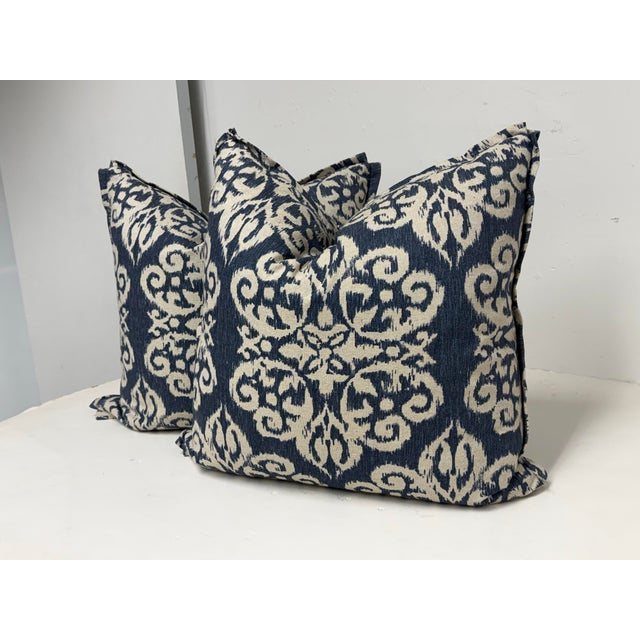 Bespoke Blue + Ivory Ikat Damask Throw Pillows, Pair For Sale In San Francisco - Image 6 of 12