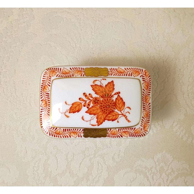 Metal Herend Mini Trinket Box With Lid Chinese Bouquet Rust Apponyi Orange 7876 Aog Hungarian Porcelain Chinoiserie Grandmillenial Decor For Sale - Image 7 of 13