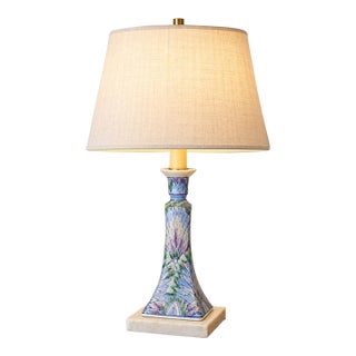 Vintage Italian Ceramic Table Lamp | Chinoiserie Feather & Bok Choy Leaf Pattern | Pastel Blue Green Purple Candlestick Accent Lamp For Sale