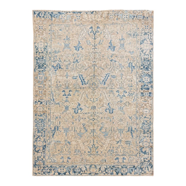 Antique Heriz Rug Faded Ivory With Blue Stylized Motifs For Sale
