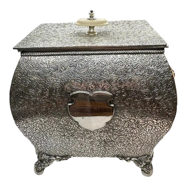 Mid 20th Century Silver-Filled Bombe Form Biscuit Box With Cartouche and Bone Finial For Sale