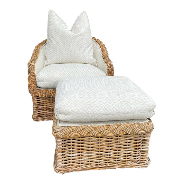 Mid 20th Century Wicker Occasional Chair With Ottoman For Sale
