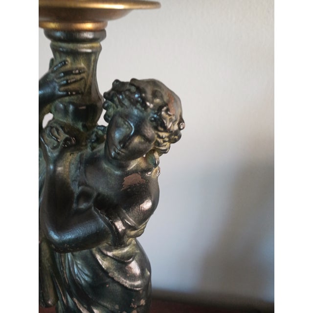 1940 Art Nouveau Bronze and Brass Figural Statue Table Lamp With Shade For Sale - Image 9 of 12