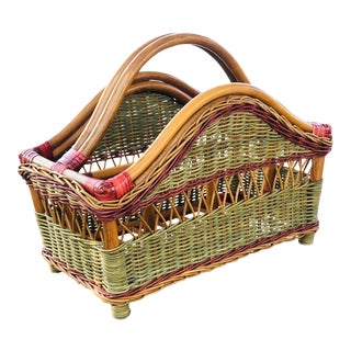 French Victorian Style Green and Red Wicker Magazine Rack For Sale