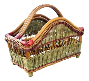 French Victorian Style Green and Red Wicker Magazine Rack
