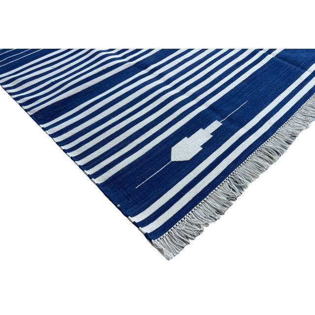 Casa Cosima Handmade Denim Blue and White Cotton Vegetable Dyed Striped Rug - 8'x10' For Sale - Image 4 of 11