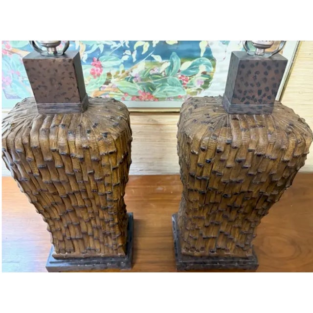 Brown Mid Century Asian Faux Bamboo Table Lamps For Sale - Image 8 of 11