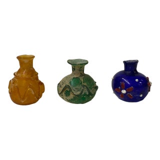 Contemporary Distressed Look Color Glass Small Bottle Vases- 3 Pieces For Sale