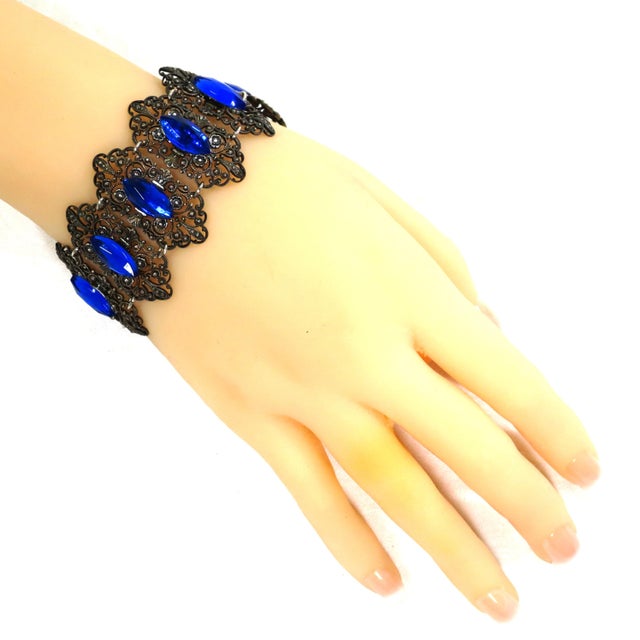 Metal Antique Edwardian Sapphire Vauxhall Glass Bracelet Set 1910s For Sale - Image 7 of 11