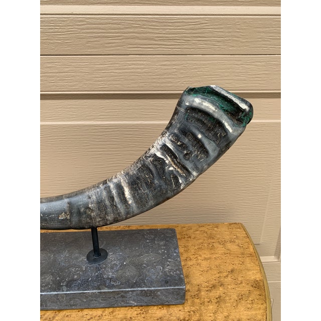 Pair of Vintage Faux Ram Horn Sculptures on Black Marble Bases For Sale - Image 13 of 16