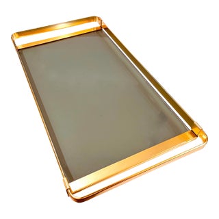 Mid Century Modern Italian Brass & Smoke Glass Tray by M B - Large For Sale