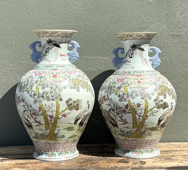 Vintage Asian Hand Painted Crane Urns - A Pair - Back view