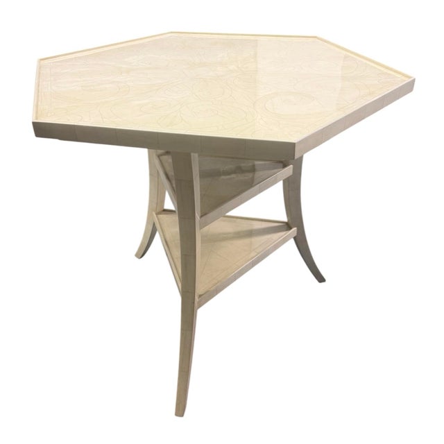 Dennis & Leen "Lambert" hexagonal shaped table. Faux ivory painted finish with subtle geometric patttern like a bone...