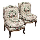 Vintage Tiny Walnut and Chintz Slipper Chairs With Attached Down Cushions - A Pair For Sale