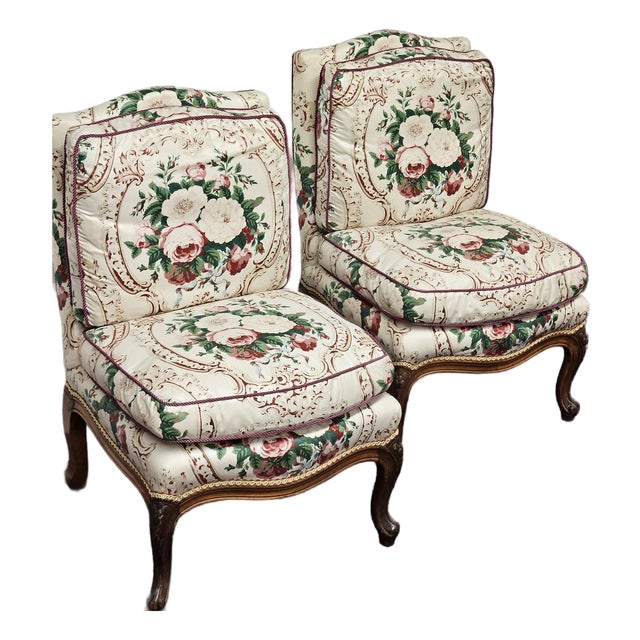 Vintage Tiny Walnut and Chintz Slipper Chairs With Attached Down Cushions - A Pair For Sale