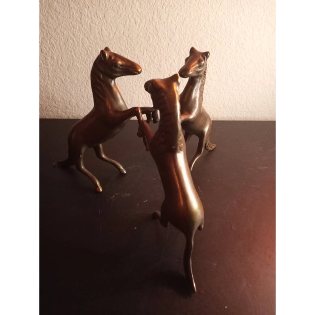 1970s Vintage Solid Bronze Triple Rearing Stallion Sculpture For Sale - Image 4 of 8