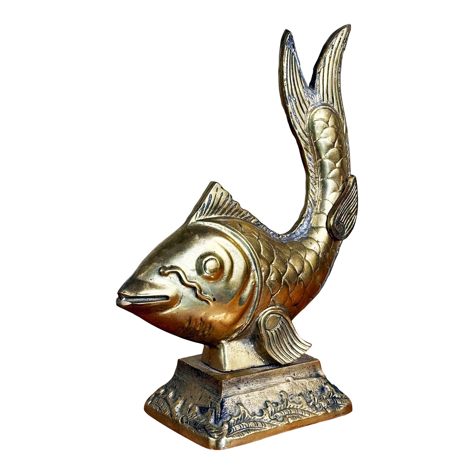 Vintage Brass Koi Fish Statue on Wave Base