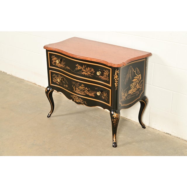 Drexel Heritage Hollywood Regency Chinoiserie Black Lacquered Hand Painted Chest of Drawers, Circa 1970s For Sale - Image 13 of 13
