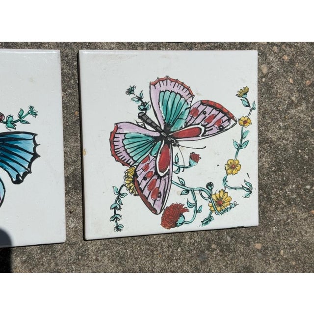 Mid-Century Modern Hand-Painted Butterfly Ceramic Tiles, Spain, Set of 7 For Sale - Image 4 of 7