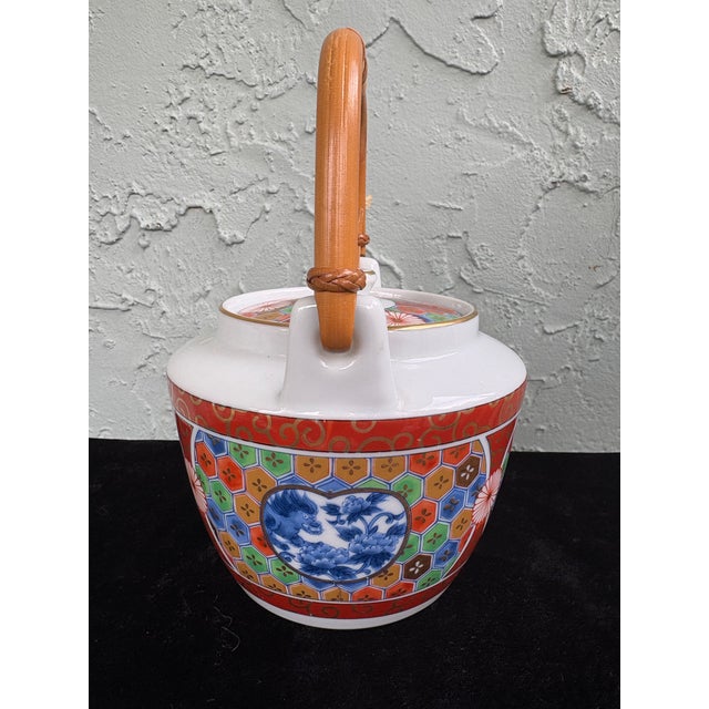 1980s Vintage Style After Otagiri Japan Porcelain Teapot With Bamboo Handle – Imari Revival Mosaic Design For Sale - Image 5 of 9
