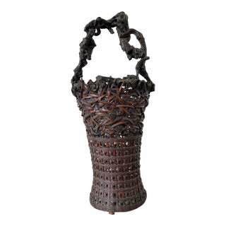 Antique Japanese Smoke Bamboo Basket with Wisteria Root Handle Meiji Period For Sale