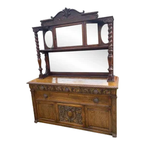 1800's Tiger Oak Mirrored Dresser With Curio Style Glass Door Display Cabinet!