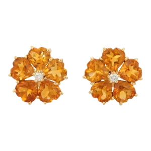Heart Cut 6.5 Ct Citrine Floral Stud Earrings With Diamonds in 18k Yellow Gold - 2 Pieces