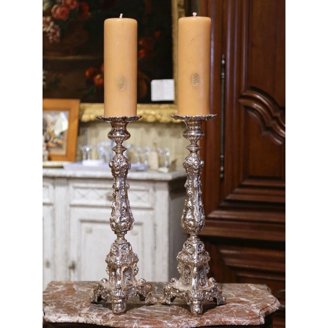 Pair 19th Century French Louis XV Silvered Church Candlesticks With Wax Candles For Sale In Dallas - Image 6 of 13
