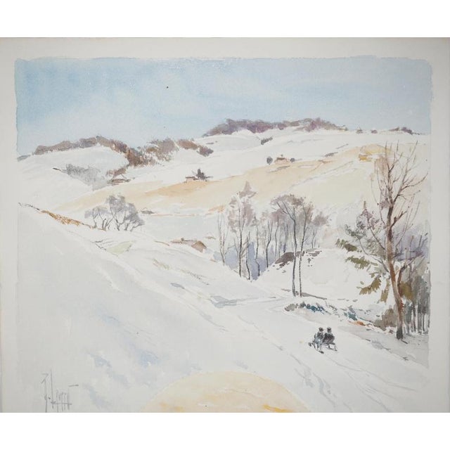 René Leverd, Sledding at Sunset in Lagnau, Watercolor For Sale - Image 4 of 8